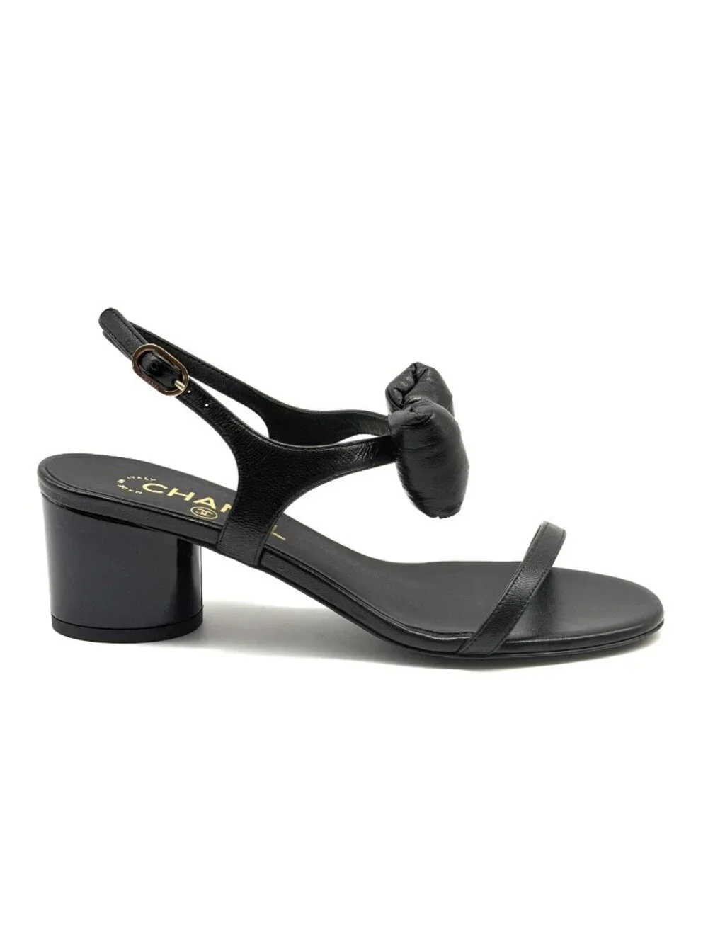 CHANEL 25P Lambskin Leather CC Bow Ankle Strap Sandals Block Heels Shoes - Picture 11 of 16